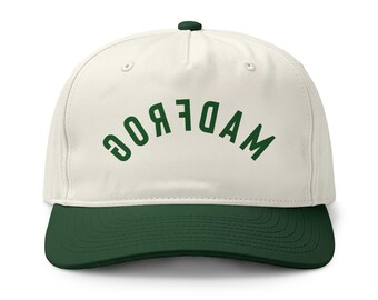 Madfrog arched varsity letters Cap | Two-Tone baseball hat, green embroidered lettering