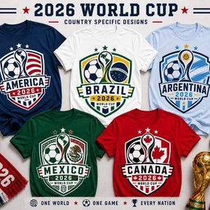 May include: A collection of t-shirts with soccer-themed designs for the 2026 World Cup. Each shirt features a country's flag and the words "2026 World Cup". The shirts are navy, white, light blue, green, and red.