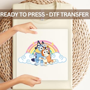 Bluey & Bingo Rainbow DTF Transfer – Cute Cartoon Puppy Design for Kids Shirts, Colorful Heat Press Print