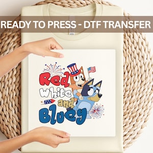 Bluey Family Happy 4th of July DTF Transfer - Patriotic Cartoon Dog Heat Transfer for Shirts & Apparel, USA Celebration