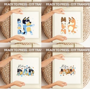 Blue Dog Dad & Mum DTF Transfer – Cute Cartoon Family Print for T-Shirts, Heat Press Ready Design for Parents