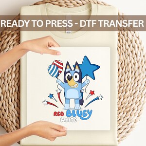 Bluey Family Happy 4th of July DTF Transfer - Patriotic Cartoon Dog Heat Transfer for Shirts & Apparel, USA Celebration