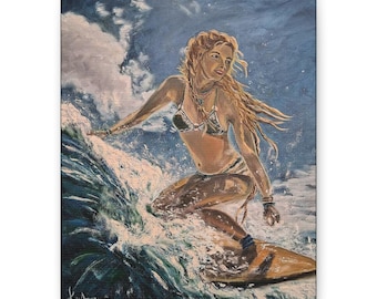Ocean Pulse - Original Surfer Girl Painting in Markers and Oil