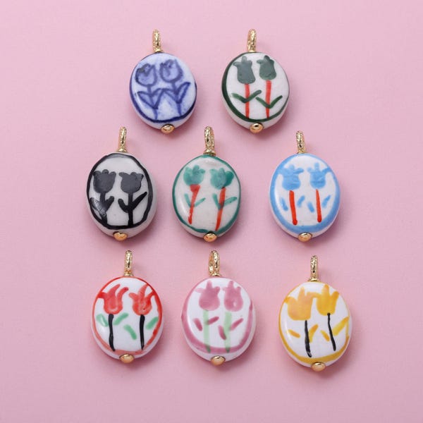 Colorful Ceramic Tulip Charm,Handmade Painting Ceramic Porcelain Tulip Double Flower Charm For Earrings Necklace Bracelet DIY Jewelry Making