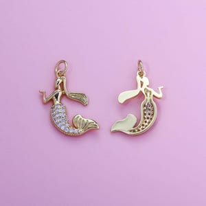 Mermaid Pendant,18K Gold Filled CZ Beach Mermaid Talisman Charm,Under The Sea Jewelry Fairy Tale Marine Mermaid Charm For DIY Jewelry Making