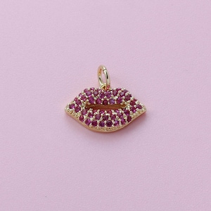 Lips Pendant,18K Gold Filled Ruby CZ Love Lips Charms,Love Lips Kiss Of Love Charms Bracelet Necklace Earrings,For DIY Jewelry Making Supply