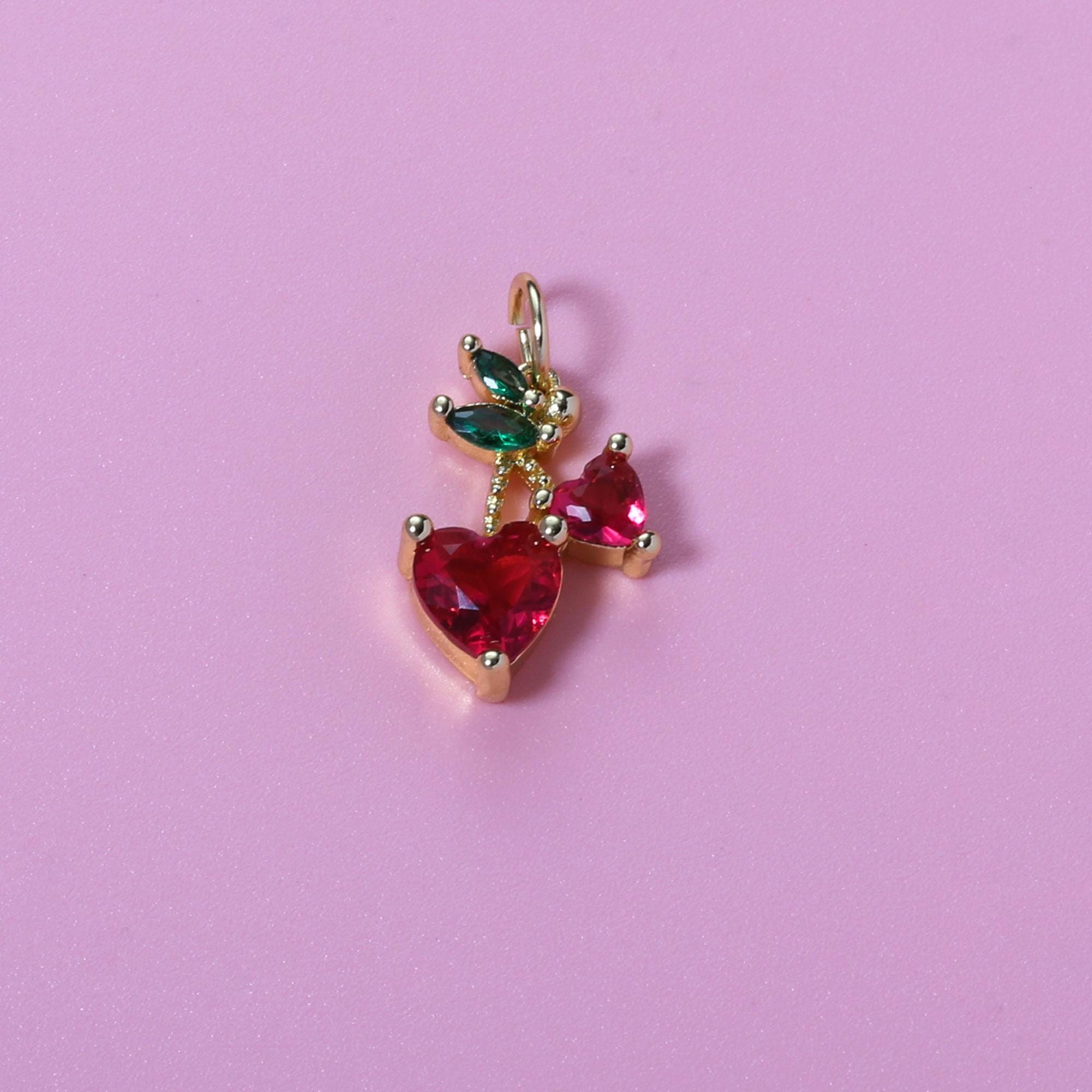 Cherry Pendant,18K Gold Filled Zircon Fruit Charm,Summer Cute Jewelry Love Heart CZ Cherry Charm Bracelet Necklace Earrings,For DIY Jewelry