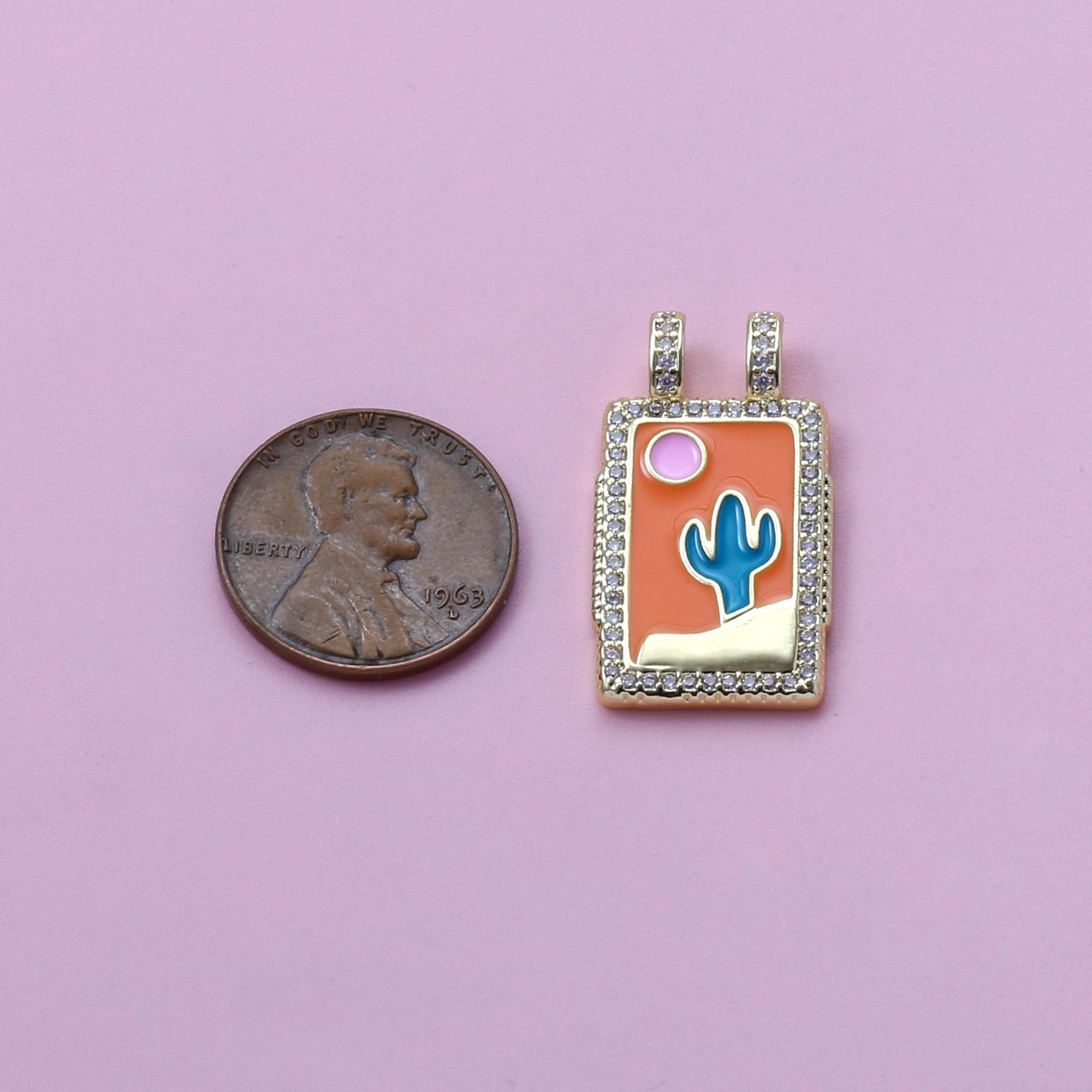 Cactus Charms,18k Gold Filled Enamel CZ Cactus Tarot Pendant