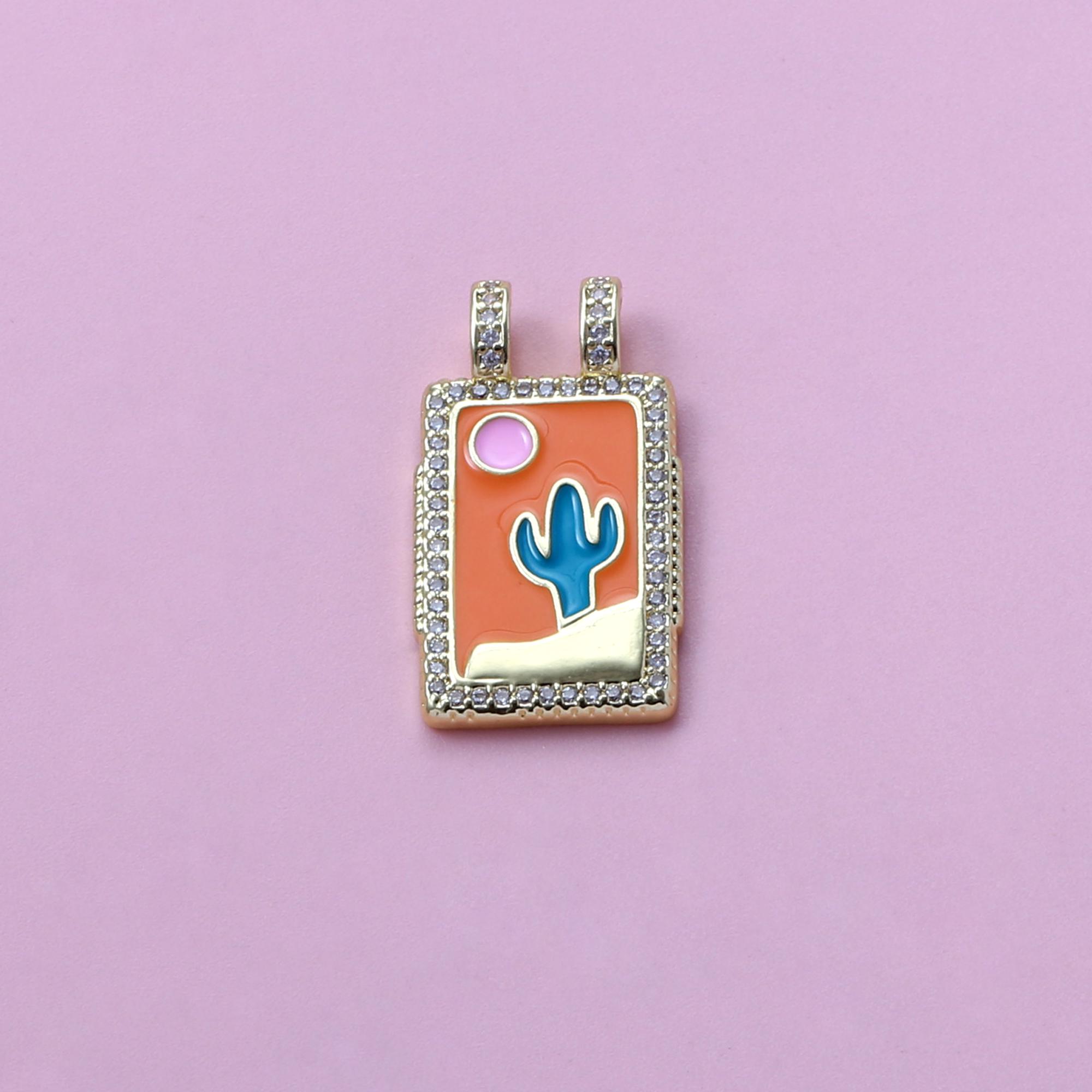 Cactus Charms,18k Gold Filled Enamel CZ Cactus Tarot Pendant
