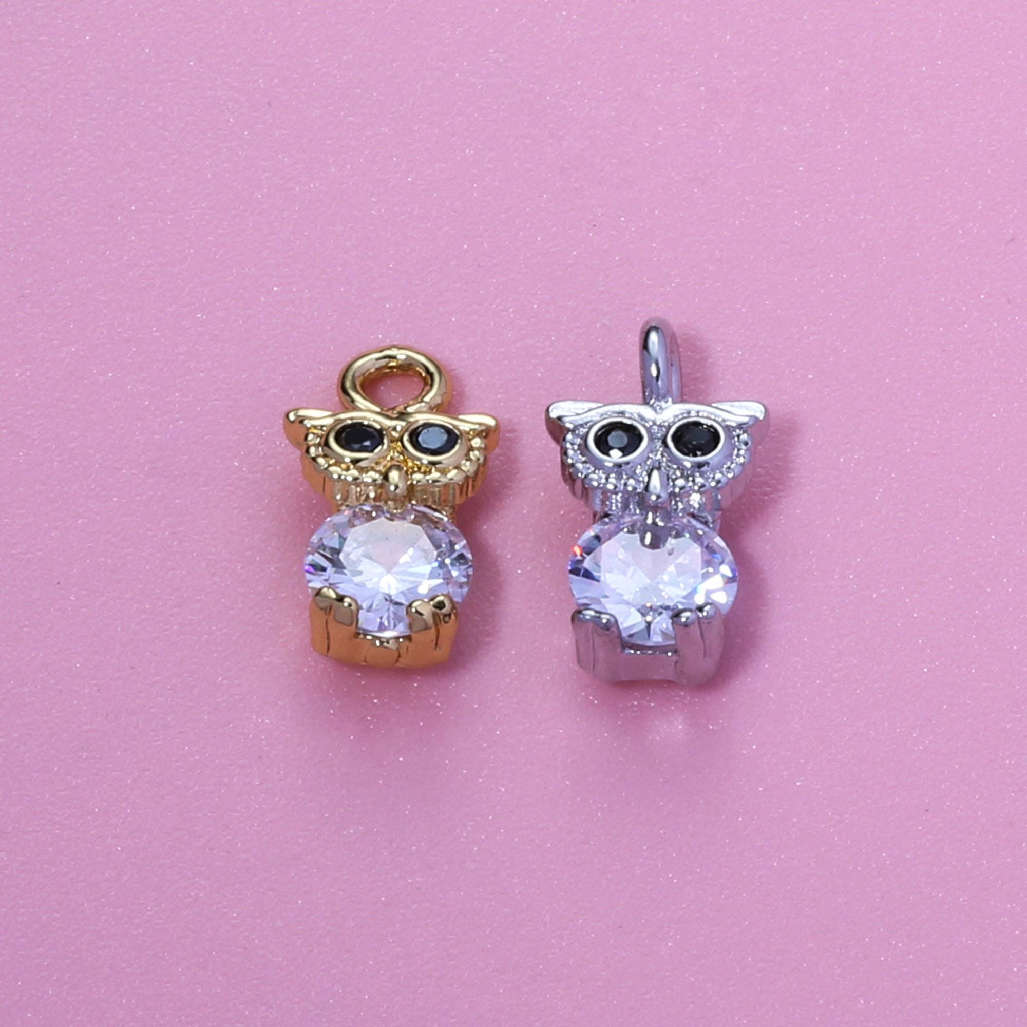Owl Pendant,18K Gold Filled CZ Forest Guard Owl Charms,Cute Cartoon Owl Gold Silver Small Charms Bra