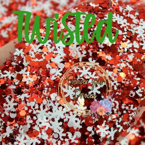 4oz  Red and White Christmas Glitter, Holiday Glitter, Snowflake Glitter, Candy Cane, Metallic Glitter, Polyester Glitter, TWISTED