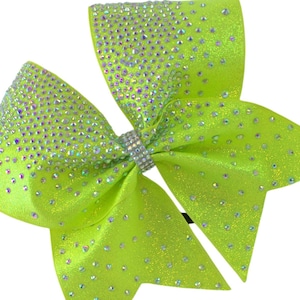 1pc Neon Yellow Cheer Bow, Full Glitter Ribbon with Rhinestones, Hair Bow, Glitter Hairbow, Cheer Bow, Neon Yellow Cheer Bow