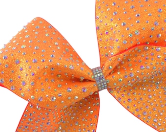 1pc Neon Orange Cheer Bow, Full Glitter Ribbon with Rhinestones, Hairbow, Hair Bow, Glitter Hairbow, Cheer Bow, Neon Electric Orange