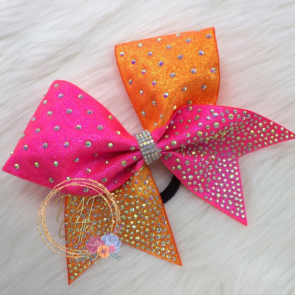 1pc Cheer Bow Hair Bow Hairbow Cheer Bow Dance Bow Competition Bow Glitter Cheer Bow Rhinestone Neon Pink and Neon Orange Tik Tok Bow