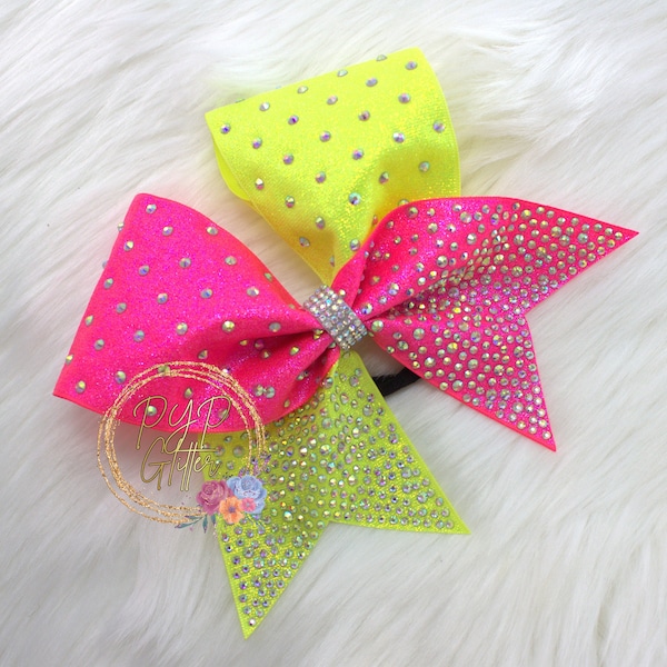 1pc Cheer Bow Hair Bow Hairbow Cheer Bow Dance Bow Competition Bow Glitter Cheer Bow Rhinestone Neon Pink and Neon Yellow Tik Tok Bow