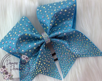 Rhinestone Cheer Bow- Turquoise Stones on Turquoise Glitter  display picture 1