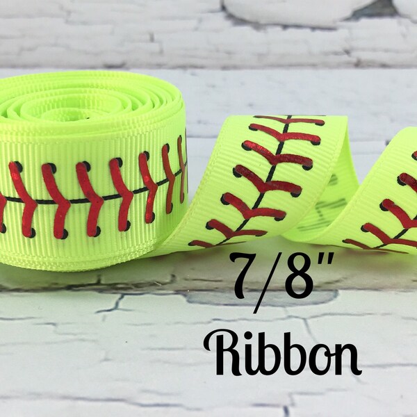 5yds-7/8" Printed Foil Ribbon- Sports Ribbon, Printed Ribbon, Softball Ribbon, Sparkly Holographic Foil Ribbon, Softball Stitching