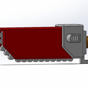 May include: A 3D-rendered model of a red and gray chainsaw. The saw blade is red, with gray teeth. The handle is brown and cylindrical, and the body is gray.