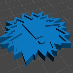 May include: A blue starburst-shaped object with a white exclamation point in the center.