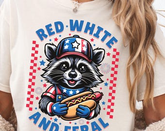 Czerwony, biały i dziki PNG SVG, zabawna koszulka z okazji 4 lipca z szopem, patriotyczny kliparty z hotdogiem i szopem, USA Merica Digital Download Sublimacja