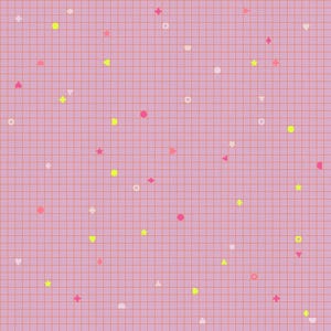 May include: A pink grid pattern background featuring scattered small geometric shapes including yellow, white, and pink stars, circles, hearts, triangles, plus signs, and diamonds distributed evenly across the entire surface of the square image.