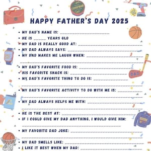 Happy Father's Day Questionnaire for Dads - Instant Download - Printable