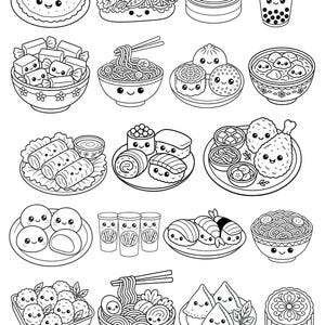 Puede incluir: Un dibujo en blanco y negro de varios alimentos asiáticos con caras de dibujos animados lindas. La comida incluye albóndigas, fideos, rollitos de primavera, sushi, té de burbujas y más.