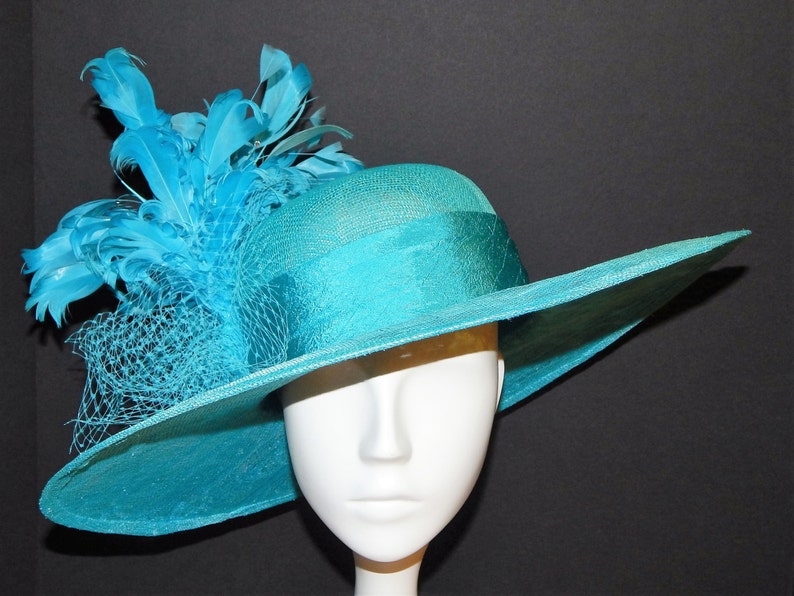 Kentucky Derby Turquoise Big Brimmed Hat With Feathers | Etsy