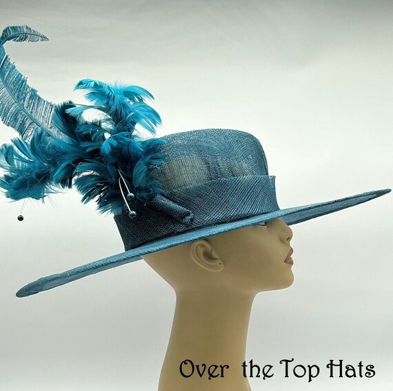 Teal Big Brim Sinamay Hat, Asymmetrical Crown, Feather  display picture 3