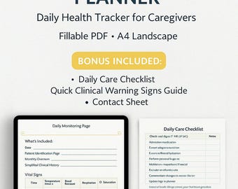 May include: A digital patient planner with the text "CARESOUL PATIENT PLANNER" and "Daily Health Tracker for Caregivers." Includes a daily care checklist, quick clinical warning signs guide, and contact sheet. The planner is a fillable PDF in A4 landscape format.