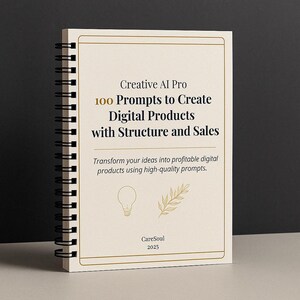 Könnte beinhalten: Ein spiralgebundenes Notizbuch mit dem Titel "Creative AI Pro" und dem Text "100 Prompts to Create Digital Products with Structure and Sales." Das Cover zeigt eine Glühbirnen- und Blätterillustration mit goldenen Akzenten.