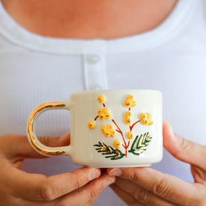 Handmade Ceramic Turkish Coffee Cup: 24 Carat Gold Plated Yellow Flower Pattern