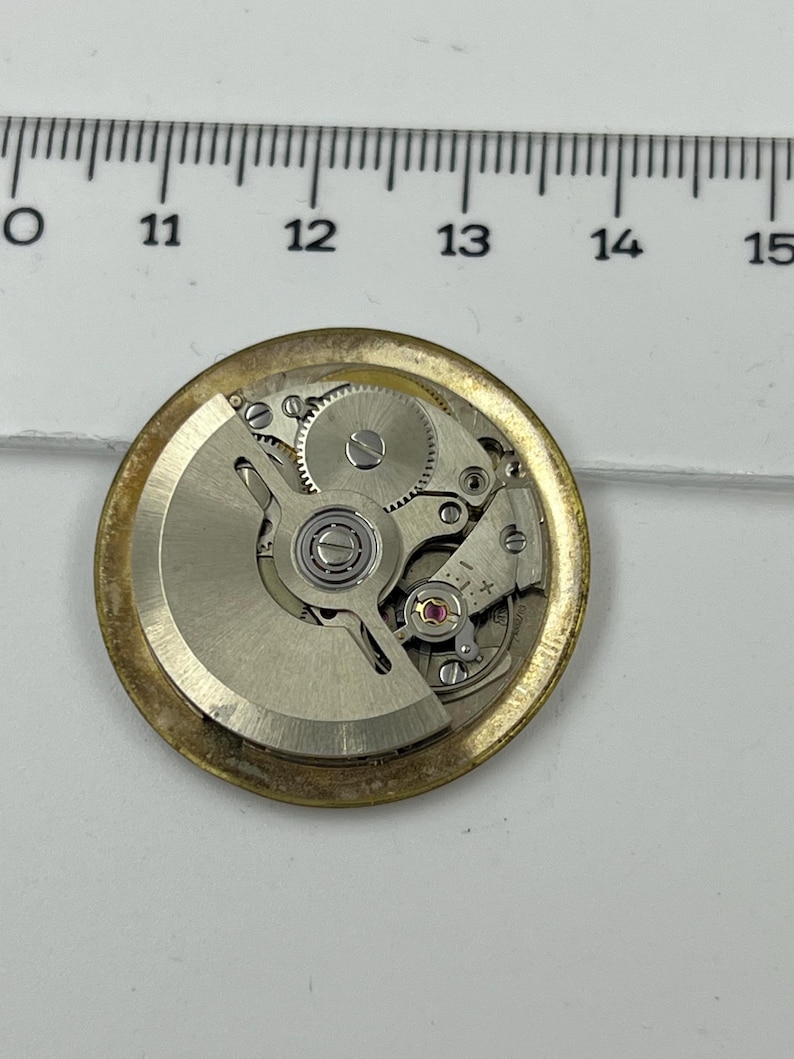 May include: A detailed view of a watch movement, showcasing its complex gears and mechanisms. The circular movement has a gold-toned outer casing and silver-coloured internal parts. A ruler is positioned above, with markings from 28 to 38 cm.