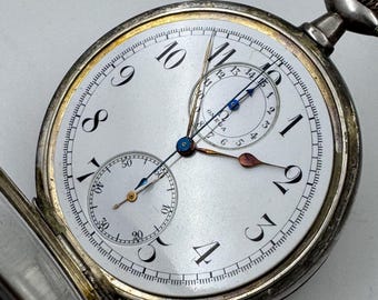 rare Omega Chronograph Pocket Watch 0.900 Fine Silver - Working Properly