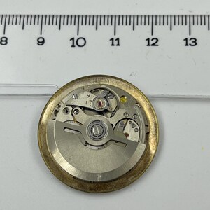 May include: A detailed view of a watch movement, showcasing its complex internal mechanisms. The movement is set within a gold-toned circular casing. A ruler is positioned above, with markings from 20 to 33 cm.