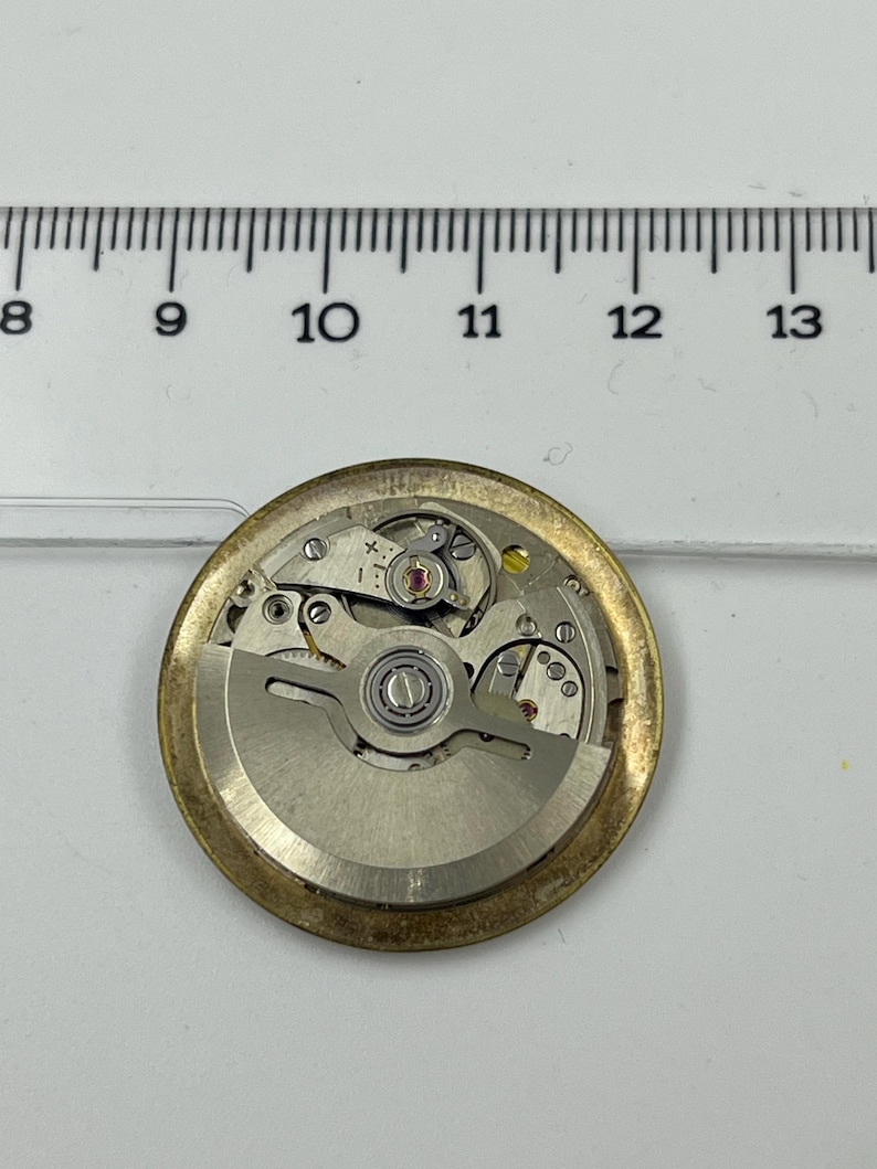 May include: A detailed view of a watch movement, showcasing its complex internal mechanisms. The movement is set within a gold-toned circular casing. A ruler is positioned above, with markings from 20 to 33 cm.