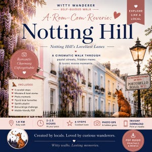 Op de afbeelding: Een reisgids voor Notting Hill, met pastelkleurige gebouwen en een illustratie van een vos. De gids bevat samengestelde stops, fotomogelijkheden en een mobielvriendelijke PDF. De tekst luidt "A Rom-Com Reverie: Notting Hill."