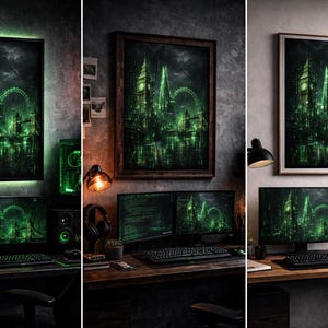 Op de afbeelding: Een ingelijste kunstafdruk met een futuristisch, neon-groen stadsbeeld, mogelijk Londen, hangt boven een bureau met computermonitoren en randapparatuur. Het kunstwerk is verlicht en creëert een levendige, digitale esthetiek. De scène suggereert een gaming- of tech-georiënteerde omgeving.