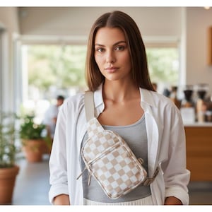 Checkered Pattern Nylon Sling Crossbody Bag with Adjustable Shoulder Strap