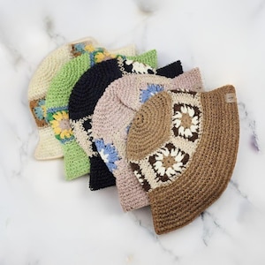 Flower Pattern Summer Straw Bucket Hat Sun Hat