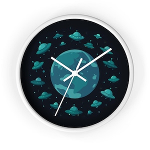 UFOs Orbiting Earth Wall Clock: Galactic Space Decor