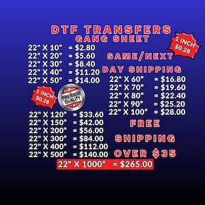 May include: A blue graphic chart titled DTF TRANSFERS GANG SHEET listing various sizes from 22 inches by 10 inches to 22 inches by 1000 inches with corresponding prices, featuring two red starbursts labeled 1 INCH $0.28 and a silver PREMIUM QUALITY seal.
