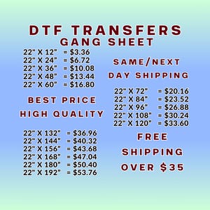 May include: A digital graphic with a light blue to light green gradient background featuring dark red text that reads DTF TRANSFERS GANG SHEET, BEST PRICE, HIGH QUALITY, and a list of various dimensions in inches with corresponding dollar amounts.