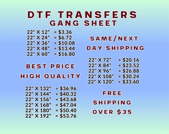 DTF Transfers, Gang Sheet: Direct to Film Printing, Heat Transfer, Iron On Transfers