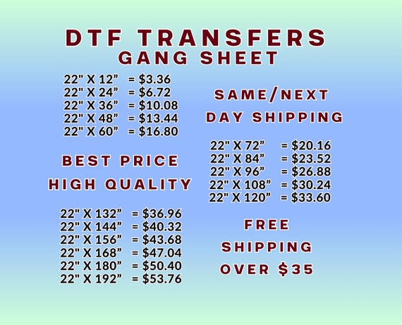 DTF Transfers, Gang Sheet: Direct to Film Printing, Heat Transfer, Iron On Transfers