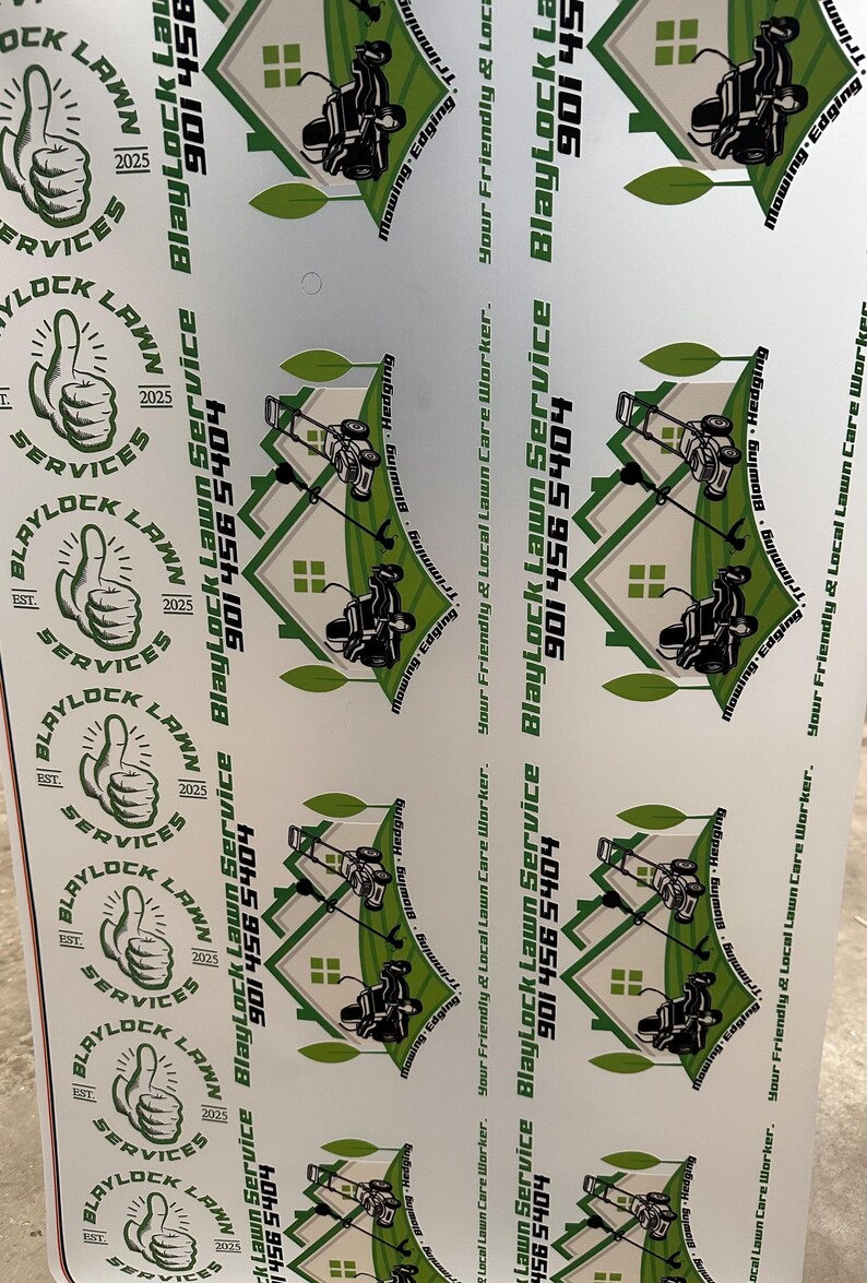 May include: White printed sheet featuring multiple logos for Blaylock Lawn Service. The logos include a thumbs-up graphic, the company name, and a phone number. Additional graphics depict a lawnmower and a house.