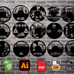 Könnte beinhalten: Eine Sammlung schwarzer Wandkunst in Form von Schallplatten mit ikonischen Bands und Charakteren. Designs umfassen AC/DC, The Beatles, Led Zeppelin, Black Sabbath und Rick and Morty. Enthält Dateityp-Symbole: CDR, AI, PDF, DXF und SVG.