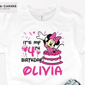 Minnie Mouse Birthday Shirt, Pink 4th Birthday Tee, Custom Name Kids T-Shirt, Girl Birthday Outfit, Minnie Party Shirt Gift