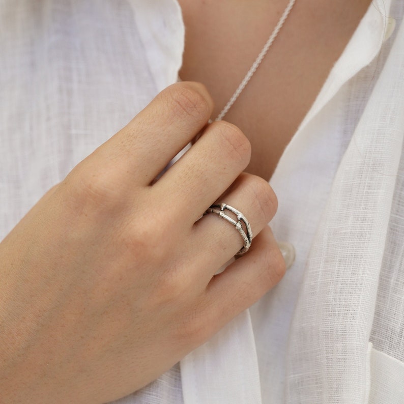 Silver twig ring, double twig ring, nature inspired ring, delicate women's ring, gift for woman, beautiful ring for woman, Natural texture. image 6