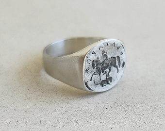 Unique Silver Ring, Mens Ring, Modern Ring, Engraved Silver Ring, Signet Ring Women, Signet Ring Men, Horse jewelry, Organic Ring, Coin